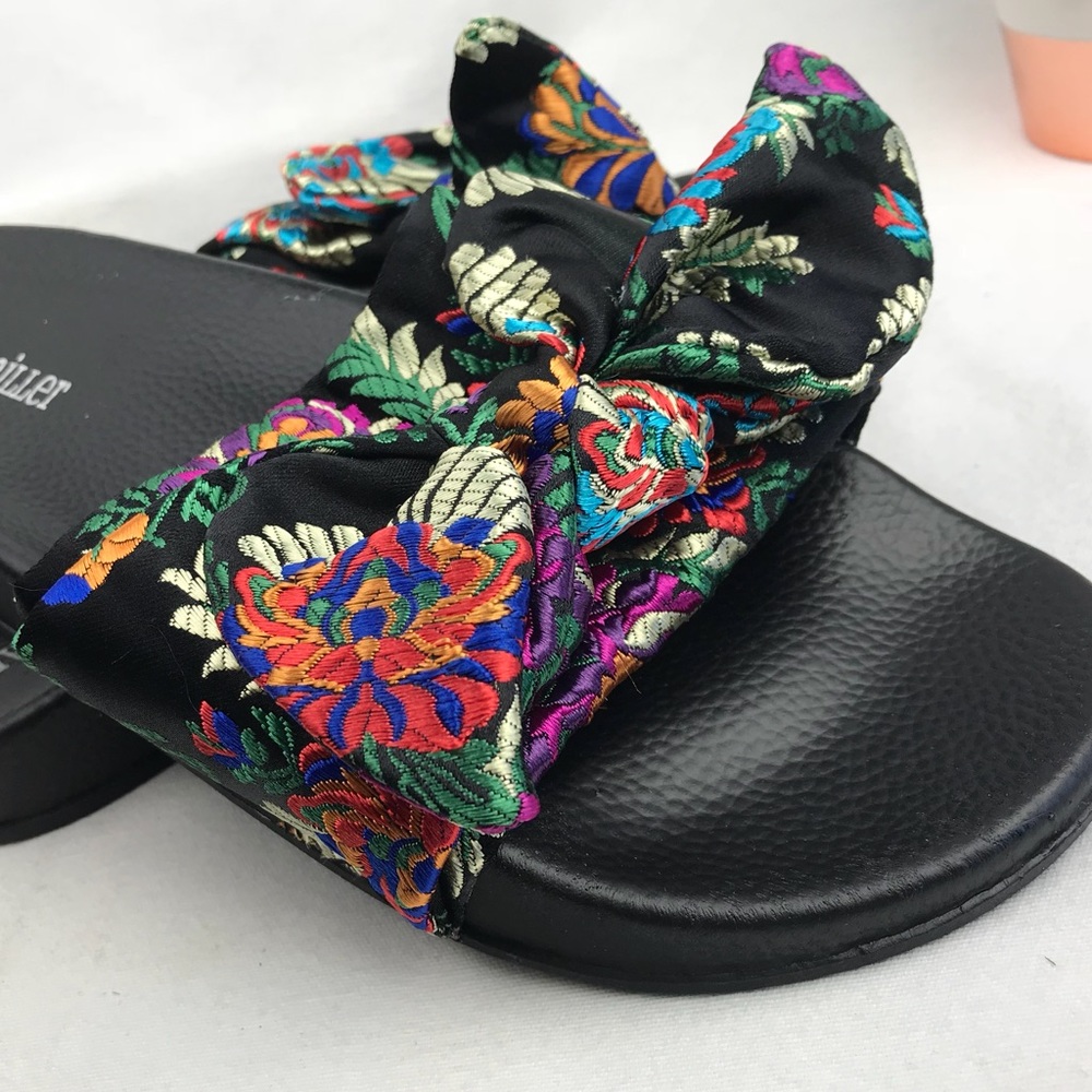 Jacquard Multi Color Gorgeous Black Satin Slides - Picture 2 of 8